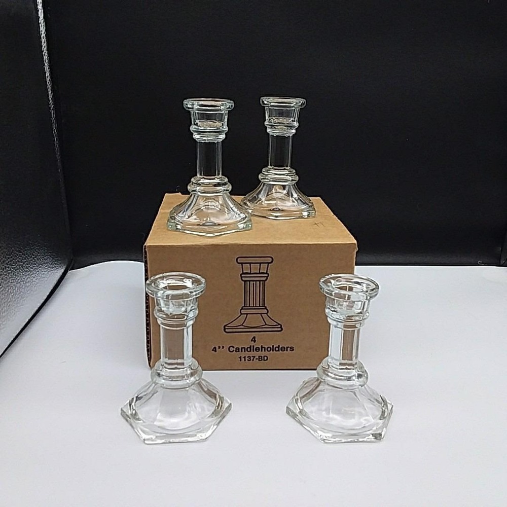 Home Interiors 1137-BD 4-4" Glass Candlestick Candleholders‎ 4 Ct In Box Vintage